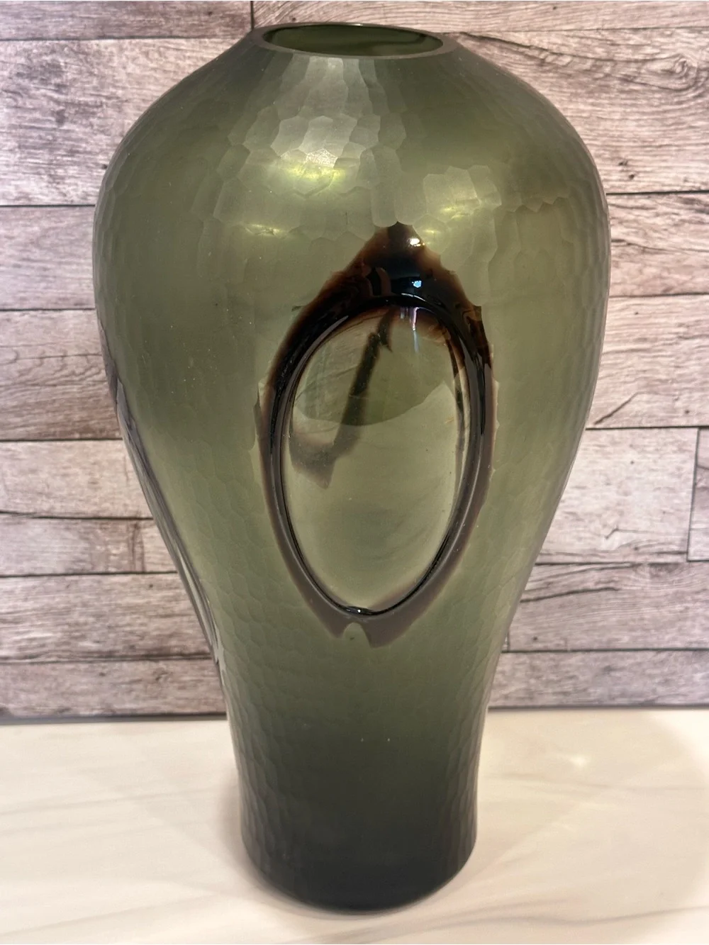 Modern Avocado Green Glass Floor Vase Large 13 Inch Dimpled Teardrop Unbranded